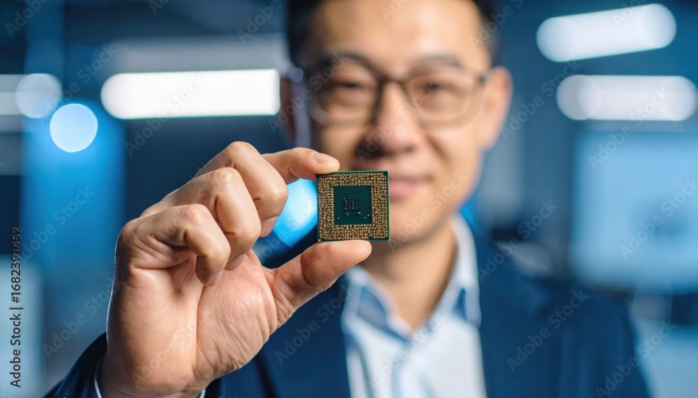 Poster a man holds a microchip, showcasing technology and innovation in a modern workspace with a blurred b