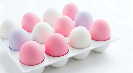 Fototapeta premium Pastel-Colored Smooth Spheres in Tray: A Minimalist Composition with Pink, Purple, and White Tones on a Clean Surface.