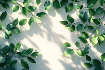 A bright white wall adorned with green leaves and branches casting soft shadows in the sunlight