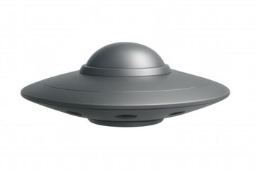 3d rendered classic gray ufo flying saucer hovering, transparent background, depicting sci-fi extraterrestrial concept with sleek, metallic design