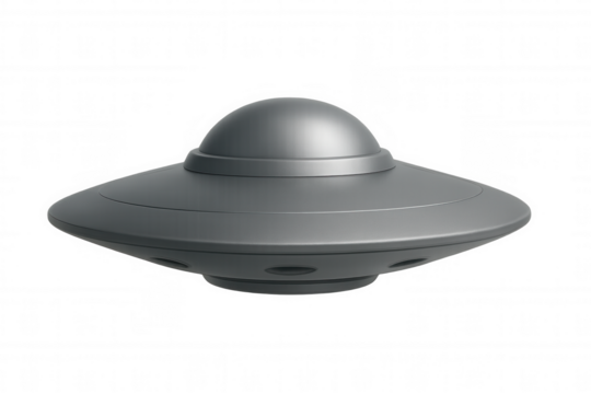 3d rendered classic gray ufo flying saucer hovering, transparent background, depicting sci-fi extraterrestrial concept with sleek, metallic design