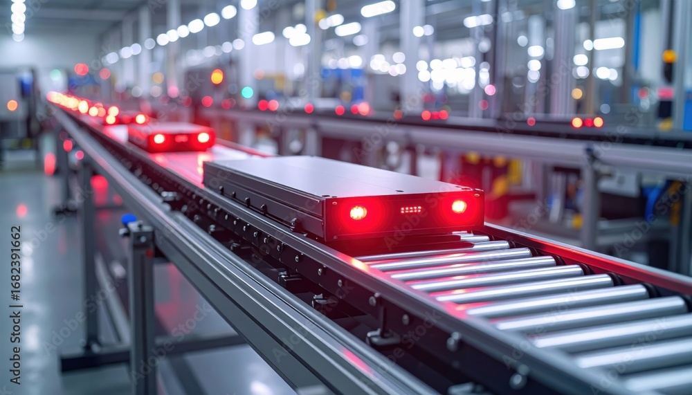Poster a conveyor system with red lights transports items efficiently in a modern warehouse, showcasing adv