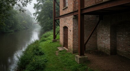 Fototapeta premium Serene Industrial Structure by Calm Riverbank Surrounded by Lush Greenery on Foggy Morning