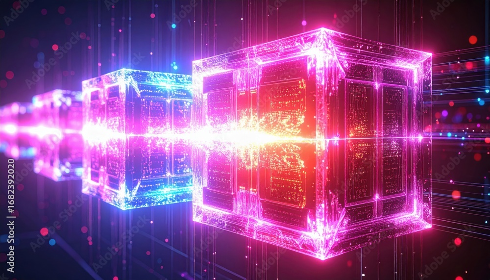 Poster a vibrant digital representation of glowing cubes connected by streams of light, showcasing a futuri