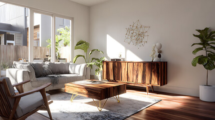 Scandinavian living room with mid - century modern furniture in sunlight, featuring clean lines and neutral tones.