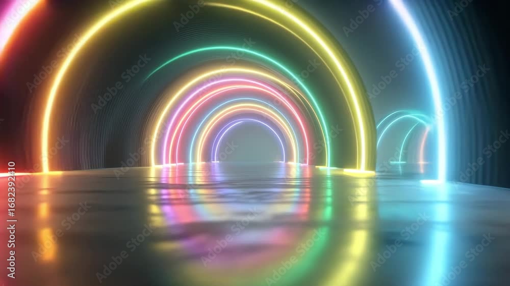 Poster wonder through a vibrant tunnel filled with colorful lights reflecting off a smooth surface. the atm