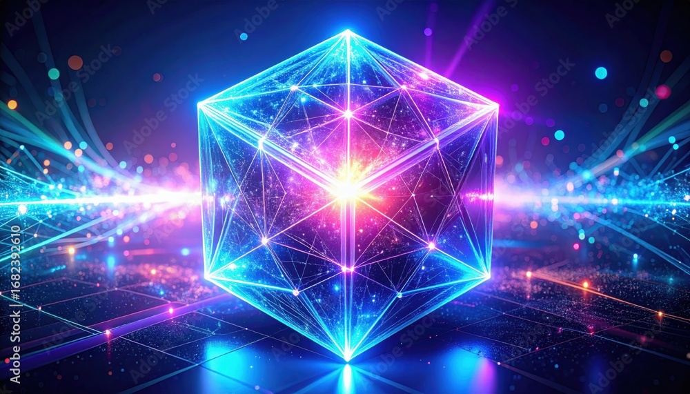 Poster a glowing geometric cube surrounded by colorful light trails, creating an abstract and futuristic di