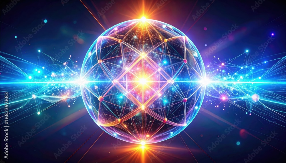 Poster a vibrant, abstract representation of a glowing sphere interconnected by light beams and geometric p