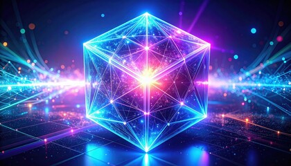 A glowing geometric cube surrounded by colorful light trails, creating an abstract and futuristic digital scene.