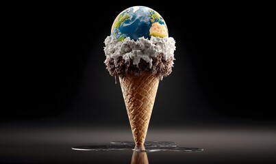 A melting earth ice cream cone with a world globe on top against a dark background climate change