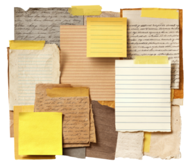 A collage of aged paper documents.  Fragments of handwritten letters, lined papers, and notes, adhered together with yellow tape.  Various shades of beige, brown, and yellow