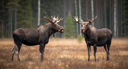 Obraz premium Two Majestic Moose Standing in a Grassy Field, Antlers Displayed, Forest Background, Capturing the Essence of Wildlife.