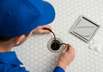 Plumber clearing clogged drain