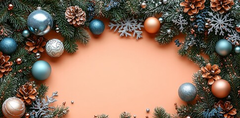 Christmas fir branches with blue and copper baubles and pine cones image
