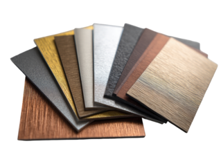 Color swatches of various materials, arranged fan-style.  Different shades and textures, including wood-grain, metallic, and solid colors.  Close-up view, isolated against black