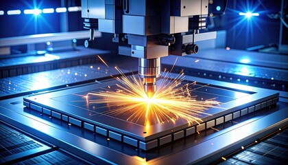 A high-tech machine cutting metal with a laser, producing bright sparks in a modern industrial setting.