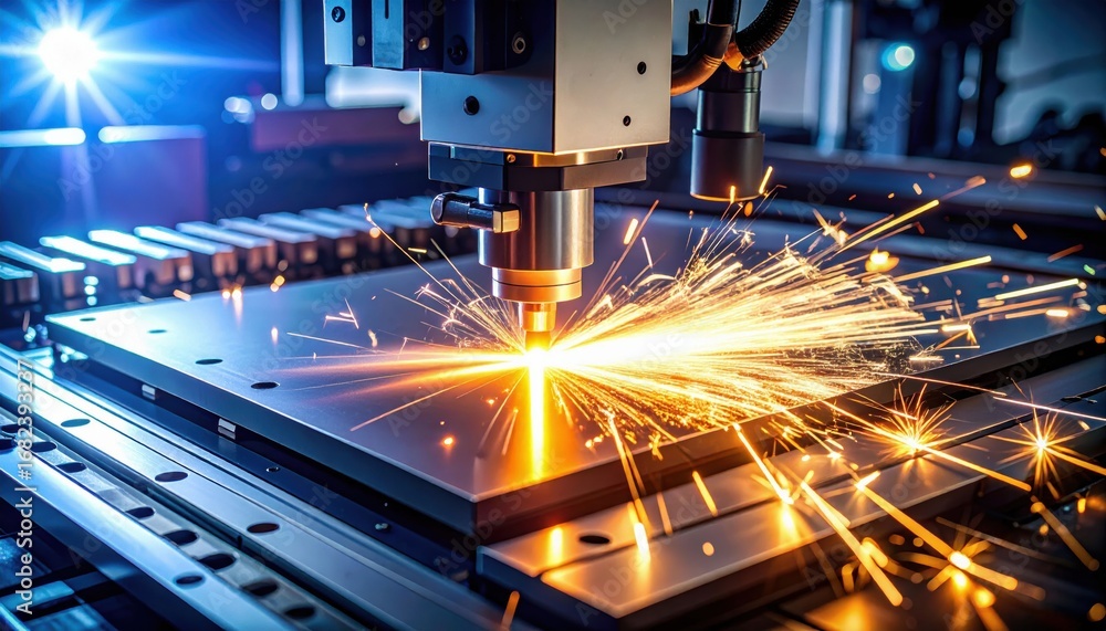 Poster a high-tech laser cutting machine creates sparks while processing metal sheets, showcasing advanced 
