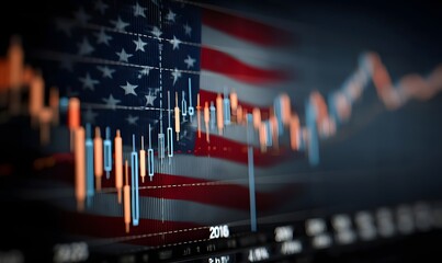 A stock market chart overlaid on an american flag showing financial data and economic trends