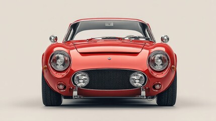 Naklejka premium Front view of a shiny, red classic sports car against a light neutral background