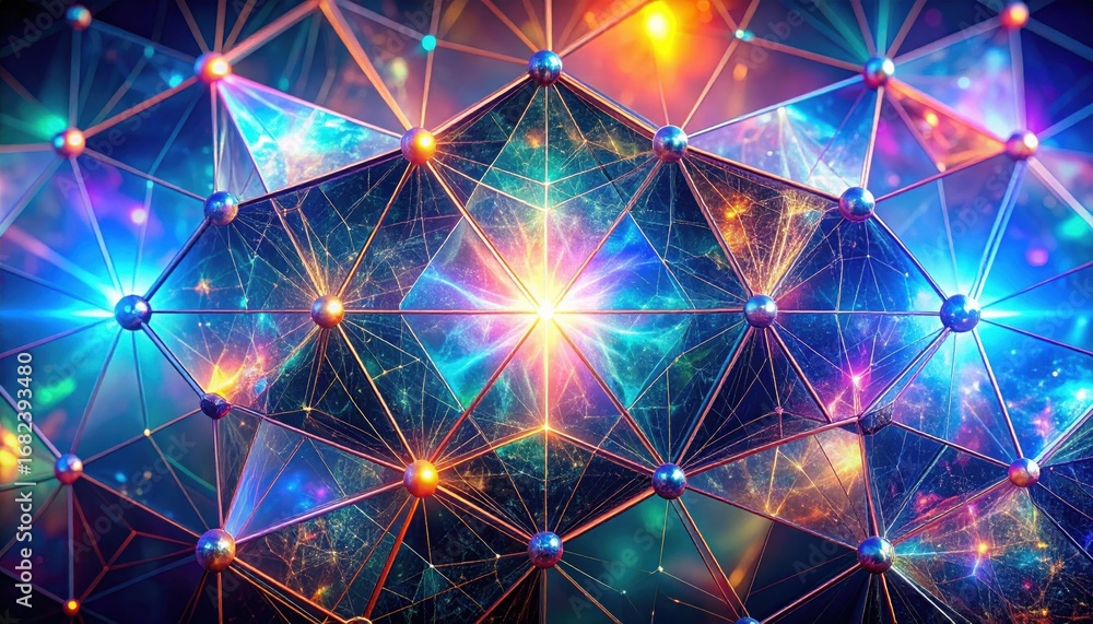 Poster a vibrant, abstract image featuring interconnected geometric shapes with glowing points, creating a 