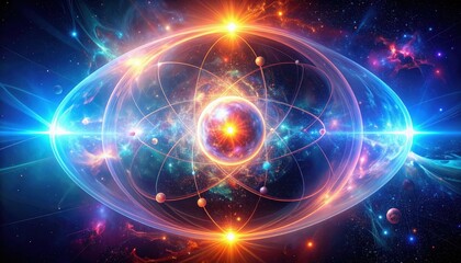 Obraz premium A vibrant cosmic scene depicting an atom surrounded by colorful celestial elements, highlighting the beauty of the universe and atomic structure.