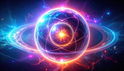 Obraz premium A vibrant cosmic scene featuring an atom surrounded by colorful rings, evoking themes of energy and the universe's mysteries.