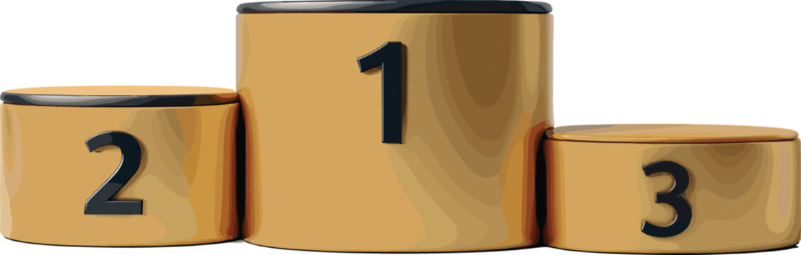 Golden wooden winners podium vector illustration, 1st 2nd 3rd place cylinder stage for competition, sports award platform, minimal design