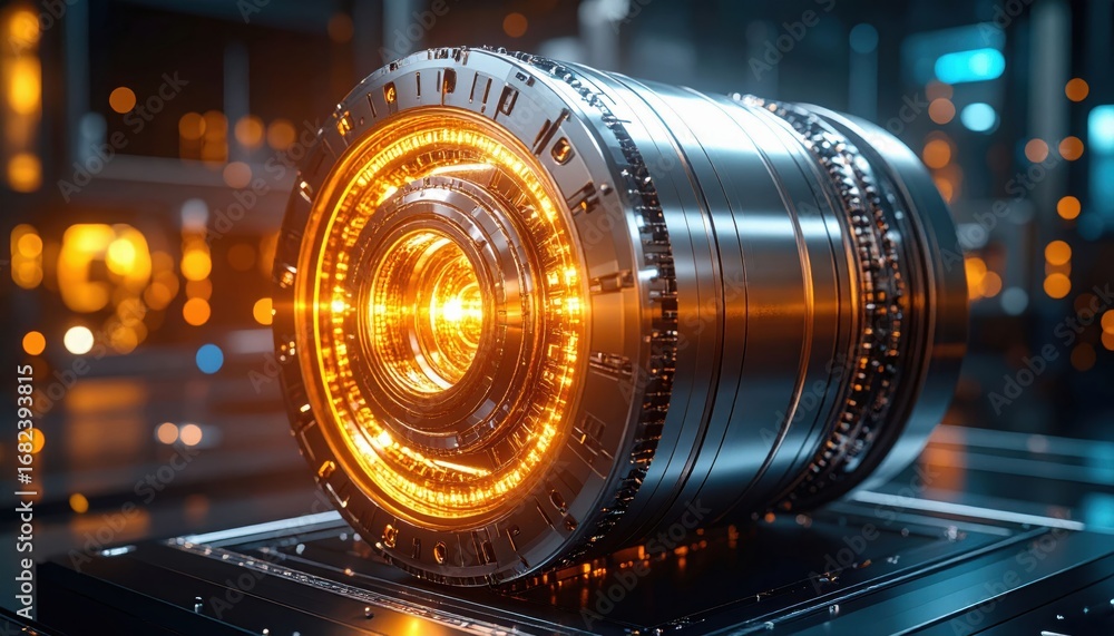 Poster a futuristic metallic device with glowing orange elements, showcasing advanced technology and intric