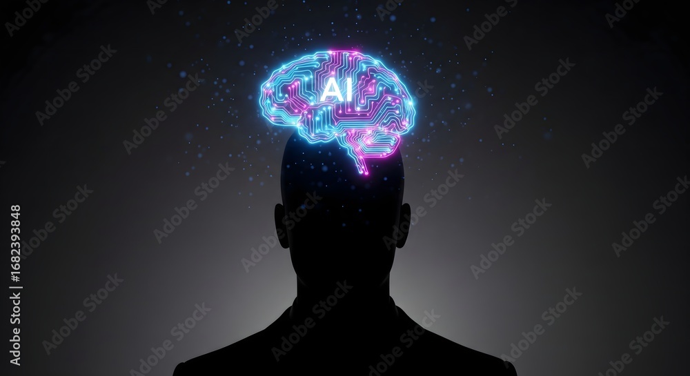 Poster human silhouette with glowing circuit board brain displaying ai text, representing artificial intell