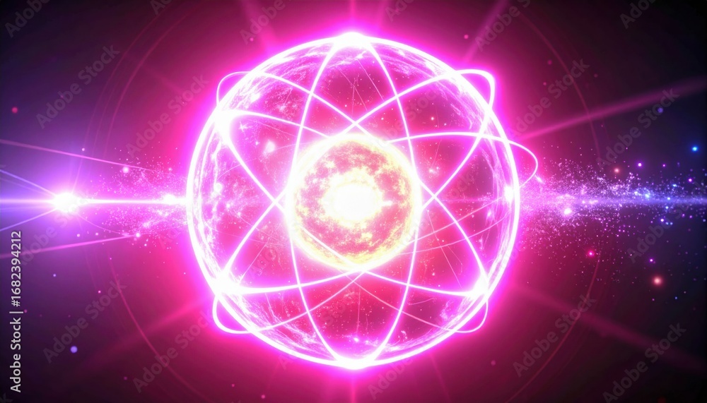 Poster a vibrant graphic representation of an atom, showcasing energetic particles and rays in a colorful c