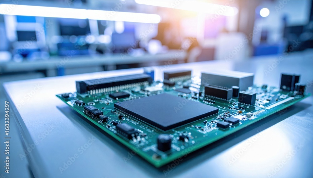 Aufkleber a close-up view of a circuit board featuring various electronic components, set in a tech workspace 
