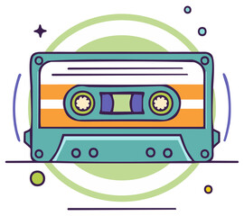 Retro cassette tape with vibrant orange and teal colors and playful graphic elements