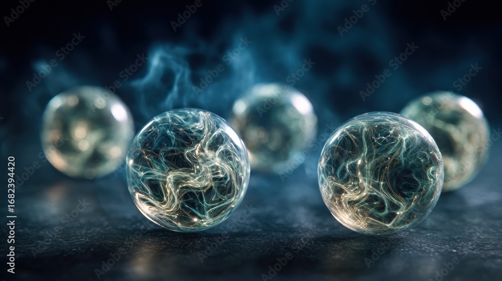 Poster colorful glass orbs with swirling patterns illuminate a dark space, creating an ethereal atmosphere 