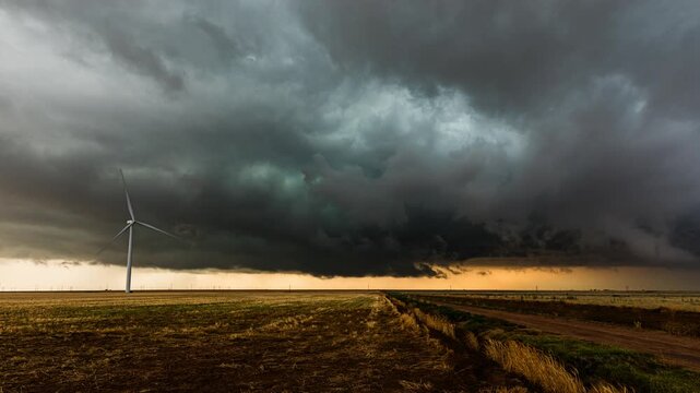Supercell Thunderstorm And Wind Turbine in Texas Time Lapse Nature