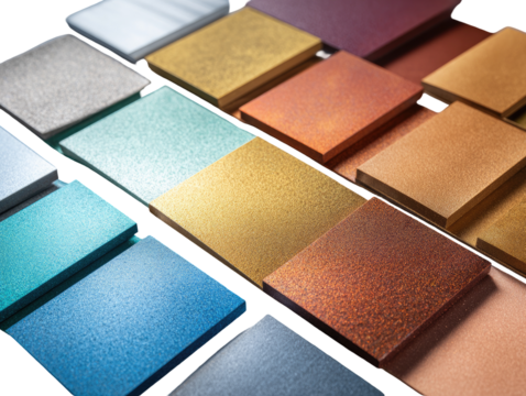 Many square samples of various metallic finishes, arranged in overlapping rows