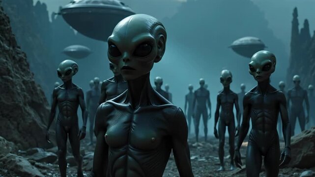 Terrifying alien invasion scene with sleek, elongated extraterrestrials creating a chilling Halloween spectacle, perfect for horror.