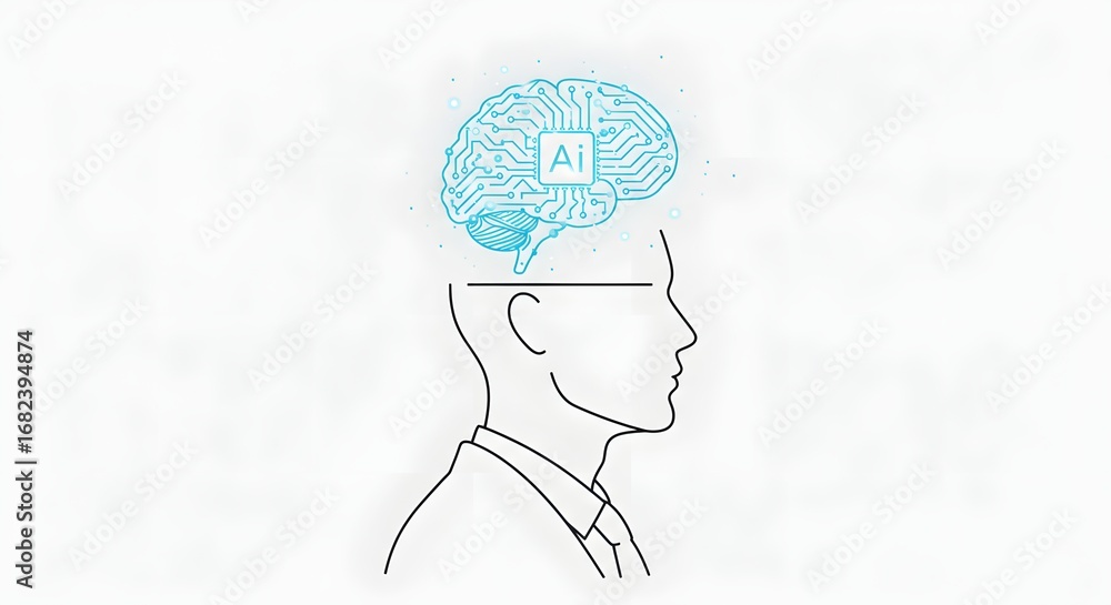 Poster conceptual illustration of human head silhouette with circuit board brain and ai text representing a