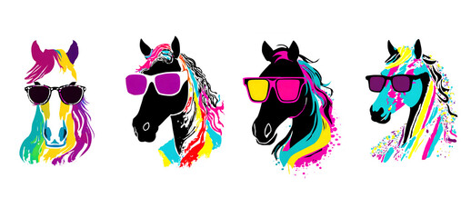 A series of four cool, stylized horse portraits wearing sunglasses with bright, neon color splashes. Animals.
