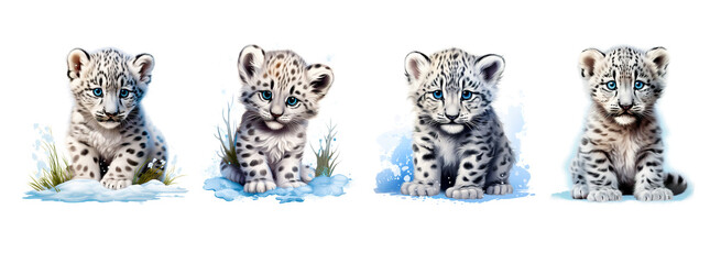 Four adorable, stylized watercolor illustrations of fluffy leopard cubs with bright blue eyes. Animals.