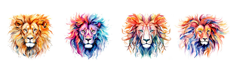 Vibrant, watercolor style painting of a male lion's head with a flowing, multicolored mane. Animals.
