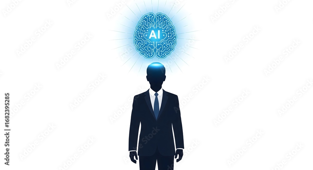 Poster conceptual illustration of a business person silhouette with an illuminated artificial intelligence 