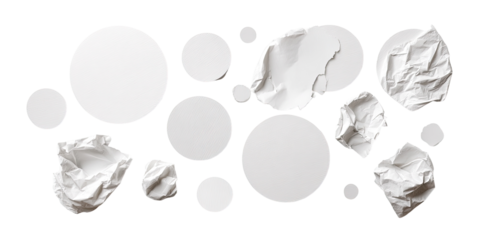 A flat lay arrangement of crumpled white shapes within outlined circles