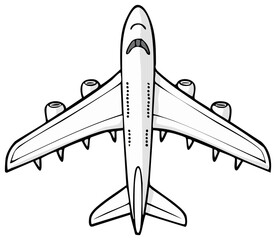 Cartoon airplane in flight with sad, sullen expression flies through the air as a concept of transportation or travel.