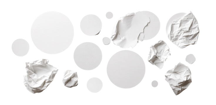 A flat lay arrangement of crumpled white shapes within outlined circles