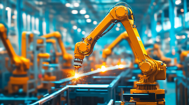 Robotic Arms Welding in a Modern Factory