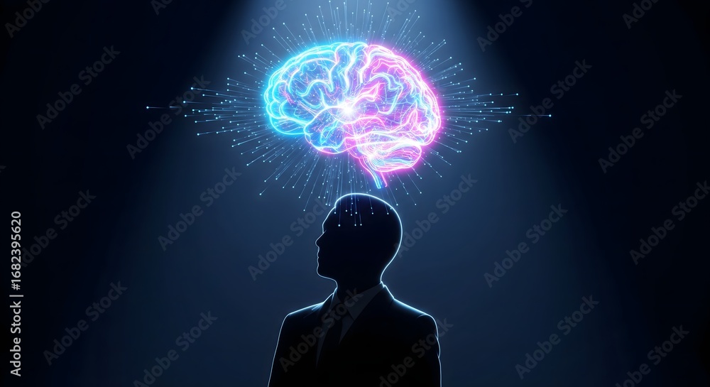 Poster abstract concept of artificial intelligence with a glowing human brain and data connections.