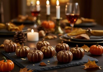 Elegant Autumn Table Setting with Miniature Pumpkins and Candles for Festive Celebration