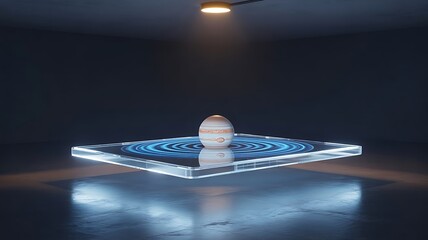 Glowing egg on a futuristic platform with concentric blue light rings