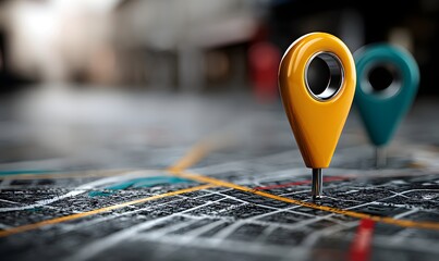 Close up of yellow and blue map pointers on a detailed map with blurred background showing location