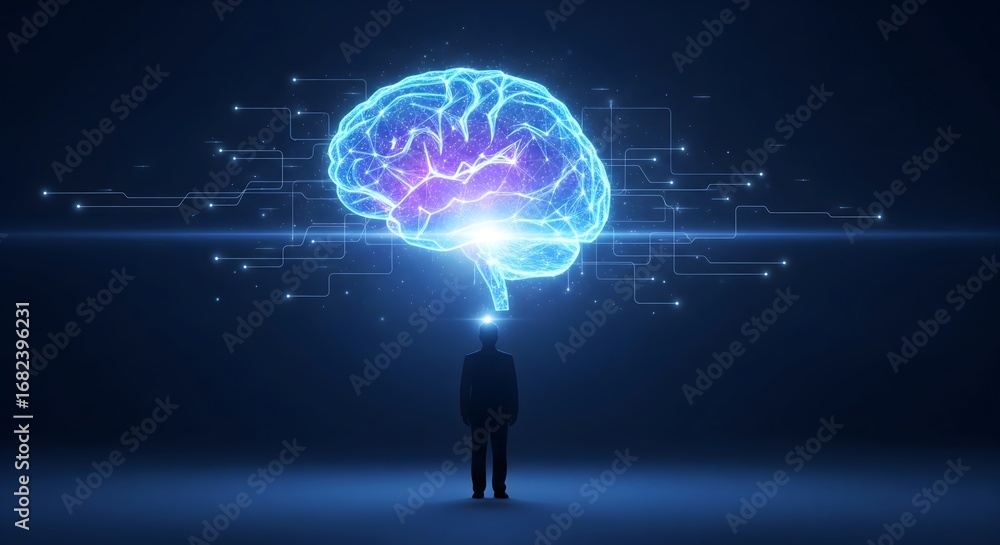 Poster digital human brain with glowing neural network connections above a silhouette figure, representing 